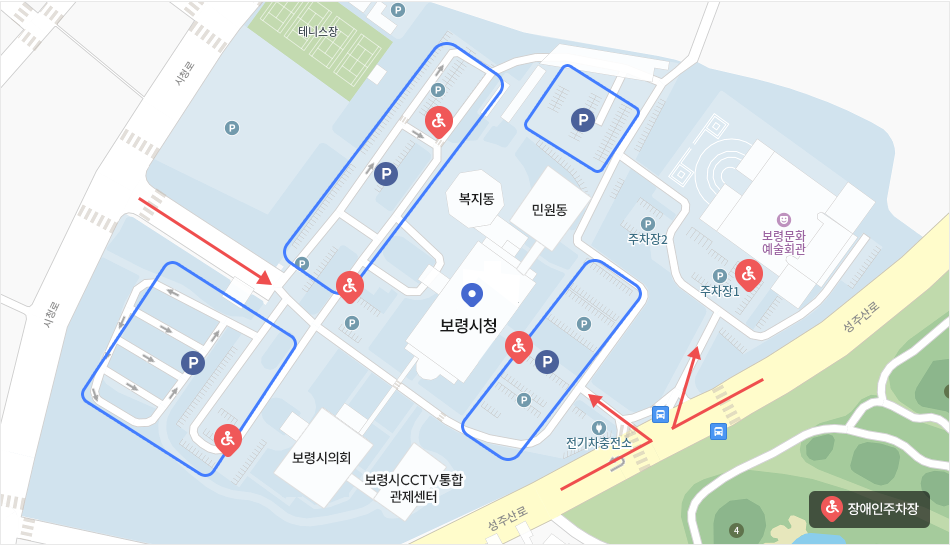 청사 내 주차장 현황 및 진입로 표시 지도: 진입로-시청로 보령시청 정문방향, 성주산로 보령시청 후문방향, 주차장-정문 진입방향 좌우, 후문 진입방향 정면방향, 정문진입방향으로 민원동 오른쪽.
장애인 주차장 위치 안내 : 보령시청 정문 기준 우측 주차장, 좌측 테니스장 앞 주차장, 우측 보령시의회 앞 주차장, 좌측 후면 보령문화 예술회관 앞 주차장